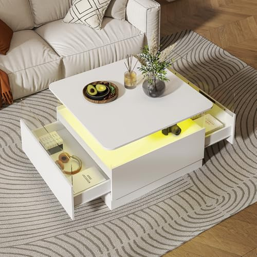 KEEPREAPER Round Coffee Tables with Storages, Modern Coffee Table for Living Room, White Square Coffee Tables and 2 Spacious Drawers, Coffee Table with LED Light