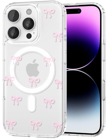 TVVTPU Magnetisch Hülle für iPhone 14 Pro Max Kompatibel mit MagSafe, Aesthetic Schleifen Muster Handyhülle Nie Vergilbung Dünne Transparent Hard PC Rückseite Stoßfester Kratzfest Case, Rosa