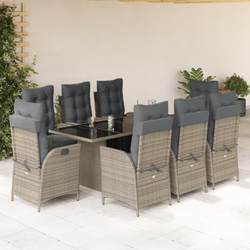 Ziaphsol 9-TLG. Garten-Essgruppe mit Kissen, Grau Poly Rattan, verstellbare Relaxsessel, Hartglas-Tischplatte, UV-beständig, für Terrasse und Garten