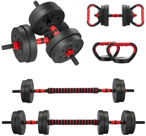 TEENO Kit Completo per Muscolazione 15 kg, 20 kg, 30 kg con Kettlebell, Manubri, Barre e Supporti per Flessioni, Ideale per il Fitness Domestico