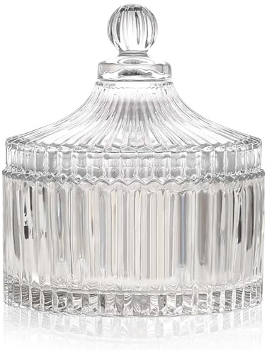 SDMAX Ribbed Glass Storage Jar with Lid, Perfect for Candy, Sweets, Sugar, and Snacks,Stylish Kitchen Bowl for Pantry Organization (15x13.7)