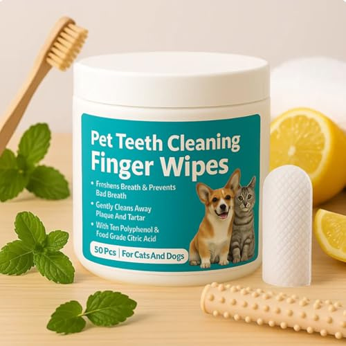 Elarie Natural Pet Dental Finger Wipes - Effective Odor & Tartar Remover for Fresh Breath, 50PC Pre-Moistened Teeth Cleaning Wipes, Easy to Use Pet Tooth Cleaner for Dogs & Cats (1Box)