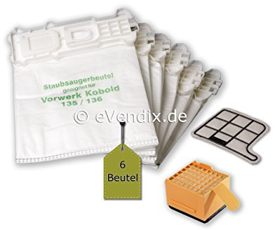 eVendix Bolsa de aspiradora | 6 Bolsas de Polvo + microfiltro Hepafilter + Filtro de Motor Adecuado para Vorwerk Kobold VK 135 136