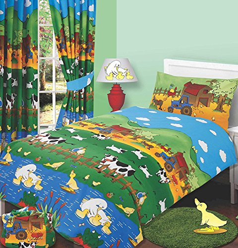Double Bed Size Farmyard Friends Duvet Cover Set, Farm Animals Cows Sheep Duck Ducklings Swan Chicks Chickens Tractor Love Birds, Green Blue Yellow Orange Red