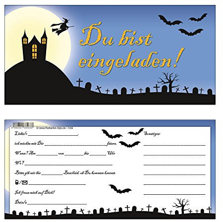 Postkarten-Style Einladungskarten Halloween Gruselparty im Geisterschloß 1556 DU BIST EINGELADEN - 8 Einladungskarten + Kuverts