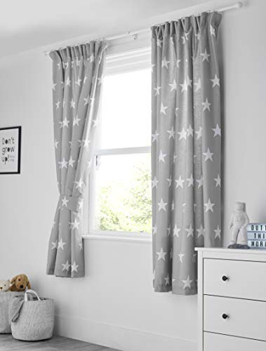 Bloomsbury Mill – Grau & Weiße Sterne – Gefüttertes Gardinenpaar mit Raffhalter für Kinder – 168 cm x 183 cm