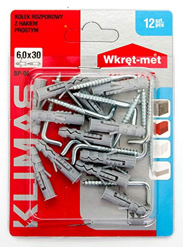 12 St. Dübel 6 x 30 mit Kragen und Schraubhaken gerade Holzgewinde PX (BP-06)