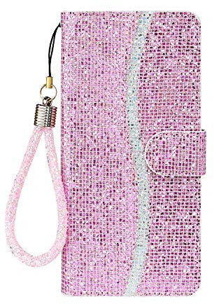 Tiyoo Handyhülle für Huawei P30 Lite Flip Case Bling Glitzer Sparkle Case 3D Pailletten Leder Wallet Cover mit Magnetverschluss Unterstützung Ständer und Kartenfächer mit Lanyard Strap (Rosa)