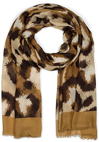 styleBREAKER Damen Schal mit Abstraktem Oversize Leo Print und kurzen Fransen, leichtes Tuch, Stola 01016207, Farbe:Braun-Beige