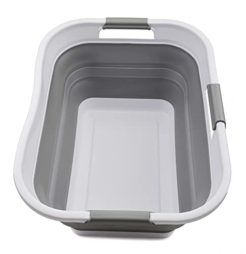 SAMMART 30L Faltbarer Wäschekorb aus Kunststoff – Faltbarer Pop-Up-Aufbewahrungsbehälter/Organizer – Tragbare Waschwanne – Platzsparender Korb/Korb - Wasserkapazität (1, Weiß/Grau)