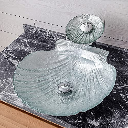 Lovedima Lavandino da banco in vetro temperato, lavabo da bagno a forma di conchiglia in cristallo con rubinetto combinato