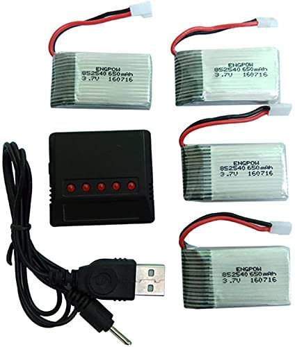 YUNIQUE GREEN-CLEAN-POWER - Juego de 4 Baterías 650mAh 3.7V para Drones Syma X5C X5 | Incluye Cargador 4 en 1 | Adecuado para Cheerson CX-30W, Skytech M68, Wltoys F949 | 44 x 25 x 10 mm - 17 Gr