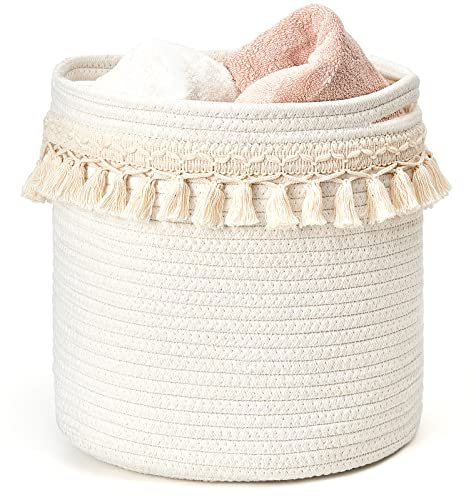 Mkono Dekorativer Makramee-Korb aus Baumwollseil, Boho-Kinderzimmer-Dekor, klein, niedlich, gewebte Quaste, Schrank, Aufbewahrungsbehälter für Babyspielzeug, Zeitschriften, Wohnzimmer, Schlafzimmer