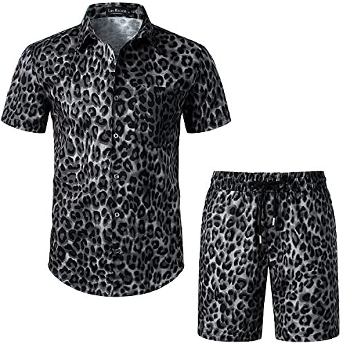 LucMatton Herren 2-teilige Blumenoutfits Hipster Leopard Kurzarm Button Down Shirt und Shorts Set für Club Party Schwarz Leopard X-Large