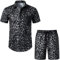 LucMatton Herren 2-teilige Blumenoutfits Hipster Leopard Kurzarm Button Down Shirt und Shorts Set für Club Party Schwarz Leopard X-Large