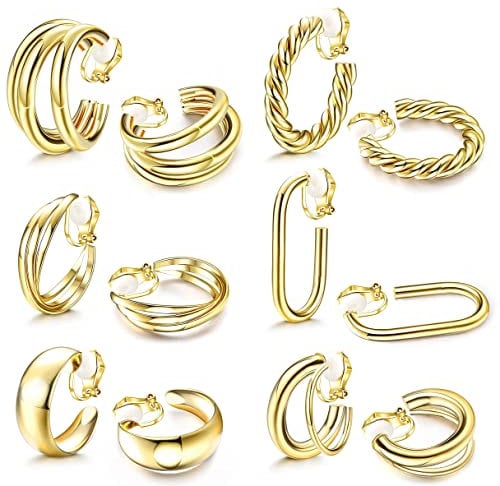 CASSIECA 6 Pairs Gold Earrings for Women Girls Clip On Chunky Hoop Earrings Set Summer Fashion Ear Clip Accessories Women Without Pierced Ears