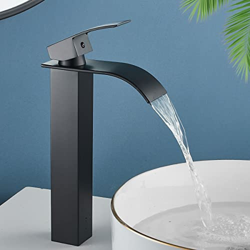 Maynosi bagno cascata rubinetto miscelatore, rubinetti miscelatore lavabo ad alta altezza, rubinetto alto monoblocco per bagno top, design moderno e quadrato, includono tubi (nero opaco)