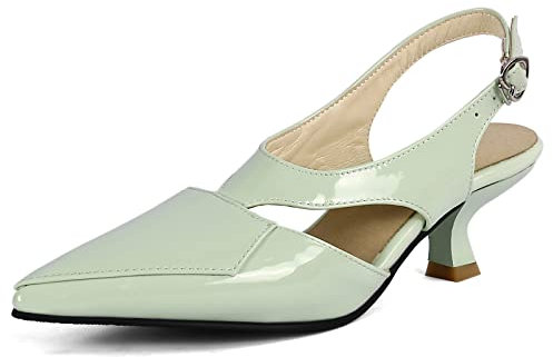 MJIASIAWA Damen Kitten Heel Stylish Pointed Lack Slingback Schuhe Komfort Mitte Absatz Formal Abend Pumps Elegant Kleid Grün Gr 41 EU/43 Asiatisch