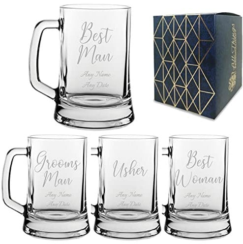 Personalised Engraved Wedding Guest Tankard Beer Mug, Best Man, Grooms Man, Best Woman, Maid of Honour, Chief Bridesmaid, Any Text, 16.7oz/495ml Glass Tankard, Handwritten Font