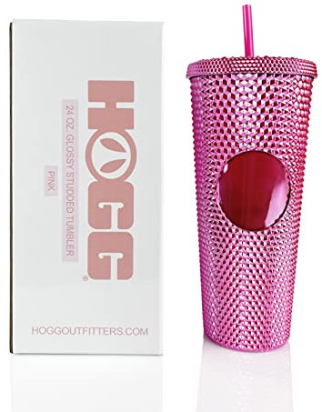 Hogg Trinkbecher mit Deckel und Strohhalm, 680 ml, glänzend, Rosa, wiederverwendbar, glitzernde Strasssteine, Geschenke für Eiskaffee-Liebhaber