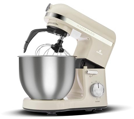Karaca Mastermaid Chef Pro Double Armed Küche Koch 1500W Soft Cream, Glänzend Cream, 1500W, 5 L Mixer, Food Processor, Geschwindigkeitseinstellung, Knethaken, Verquirlen, Kneten und Mischen