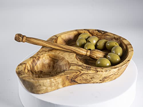 Plato de madera de oliva con recogedor, cuenco personalizado, plato de aperitivos de madera de olivo, plato de olivo, utensilios de cocina hechos a mano, regalo de inauguración de la casa