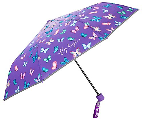 PERLETTI Mini Paraguas Plegable Niña Mariposas Multicolor - Paraguas Compacto Niñas Violeta Detalles Reflectantes - Sombrilla Lluvia Manual Antiviento Resistente - Diámetro 91 cm (Lila con Mariposas)
