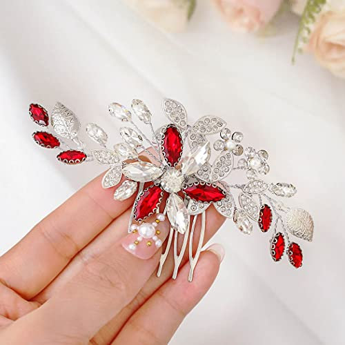 IYOU Accessoires Cheveux de Mariage pour Femme Peigne à Cheveux Cristal Rouge Coiffure Mariage Accessoire de Cheveux pour Mariée et Demoiselle D'honneur
