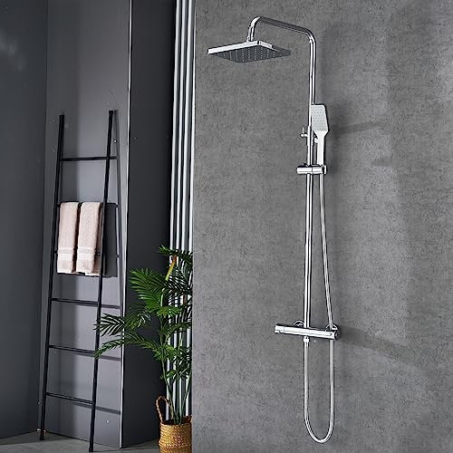 Plumbsys Rectangular Conjunto de ducha Termostática ,Cromo Sistema de ducha Termostática,Ducha de lluvia superior de 10In