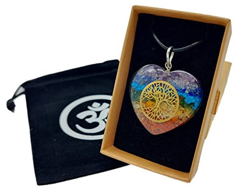 7 Chakra Edelstein Orgonit Herz Amulett mit Lebensbaum in Schmuckbox | Energie Schutz Glück Liebe Harmonie