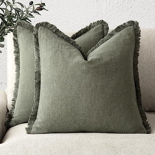 Foindtower Dekorative Leinen-Kissenbezüge im Boho-Stil mit Fransen, Landhaus-Kissenbezug mit Quasten, weich, für Couch, Sofa, Bett, Wohnzimmer, Inneneinrichtung, 2 Stück, 45,7 x 45,7 cm, Olivgrün