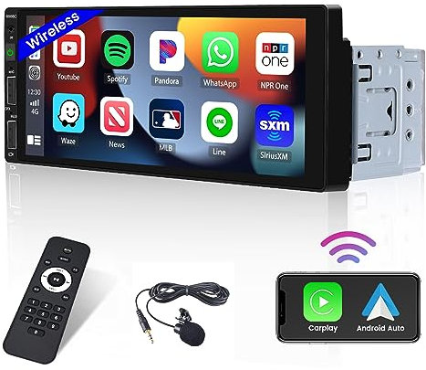 Hikity Radio Coche 1 DIN CarPlay Inalámbrico Android Auto Inalámbrico, Radio Un DIN con Pantalla Táctil de 6,9 Enlace Espejo Radio FM Bluetooth USB Control del Volante Mic + Cámara Trasera