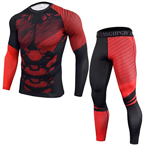 Kompressionsanzug Herren Set Thermounterwäsche Druck Winter Funktionswäsche Slim fit Schnelltrocknend Atmungsaktive Funktionsunterwäsche Jogginganzug Langarm Shirt und Hose Sportanzug Fitness 2-teilig