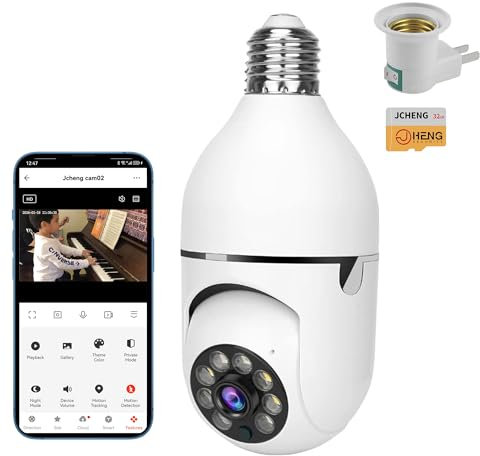 JCHENG Cámara de seguridad con bombilla | Protector giratorio de 4 MP 355° | Compatible con Alexa, Google Assistant, TUYA, aplicación Smart Life | Detección de movimiento, tarjeta SD incluida
