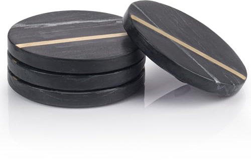 EHC Round Marble Coasters Set of 4 with Gold Inlay, Non-Slip for Drinks, Coffee Pads Beer Bar Mat, Black