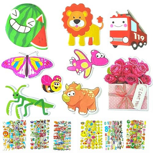 3D Aufkleber für Kinder Kleinkinder Lebhaft Relief Kinder Aufkleber 24 Verschiedene Blätter über 600+ Farbig Aufkleber 3D für Jungen Mädchen Lehrer, inkl. Zahlen Buchstaben Dinosaurier Autos usw
