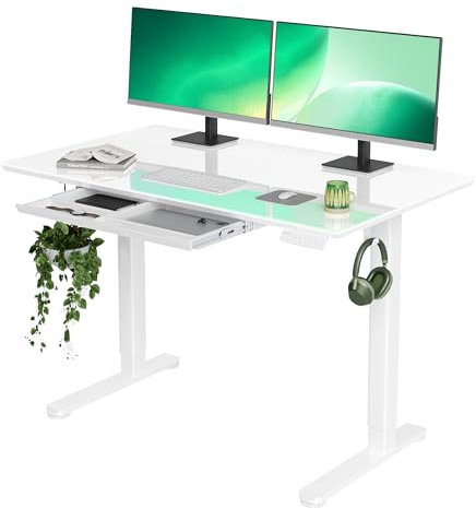 INNOVAR Glas Elektrischer Höhenverstellbarer Schreibtisch mit Schublade,120 x 60 cm Höhenverstellbarer Schreibtisch, Elektrischer Schreibtisch für Home Office,Standing Desk, Weiß