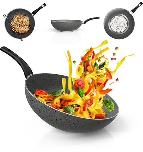 TEHORNEO Wok Induction, Wok 28 cm Aluminium Antiadhésif, Sauteuse 28 cm, Woks, Poele Wok, Poele Wok Induction, Woke, Bontrendy Wok, Poêle Wok, Wok Pour Induction, Wok Japonais, Wok Gaz 28 cm