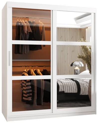 ABIKSMEBLE Dome 2 Armario de Dos Puertas Correderas con Espejo, Barras y Estantes - Armario de Almacenamiento con Vidrio Ahumado para Dormitorio, Salón - 200x150x62 cm - Blanco, Blanco, Plata