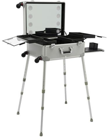 Kosmetikkoffer Trolley Schminkkoffer mit 4 Rollen & Beleuchtung & Spiegel,Make up Organizer Koffer 3 in 1 Profi Groß Schminkkoffer Friseurkoffer Beauty Case abschließbar Alu Multikoffer (Silber)