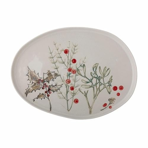 Bloomingville Hollie Servierplatte aus Steingut in der Farbe Grün mit Mispel und Ilex, Spülmaschinengeeignet, L35,5xH2xW26 cm, 82056201