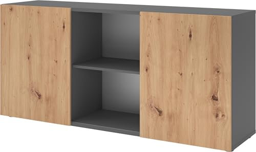 bümö Schwebetürenschrank, Sideboard Graphit/Asteiche - Büromöbel Sideboard Holz 160cm breit, 42cm schmal, Büro Schrank mit Schwebetür für Flur oder als Wohnzimmer-Kommode