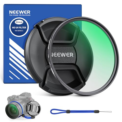 NEEWER Filtre UV MC de Protection de 82mm avec Cache d'objectif, revêtements Nano Multi résistants/Verre Optique HD/Hydrofuge/Anti-Rayures/Cadre Ultra Fin en Alliage Aluminium/Filtre Ultra Violet