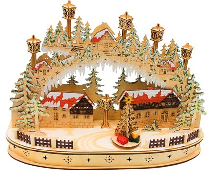 LED Holz Schwibbogen, Lichterbogen, Schwippbogen, Leuchterbogen, Fenster Schwibbogen mit bewegtem Tannenbaum inklusive Netzteil als auch Batteriebetrieb möglich, L/B/H ca. 45 x 12 x 35 cm.