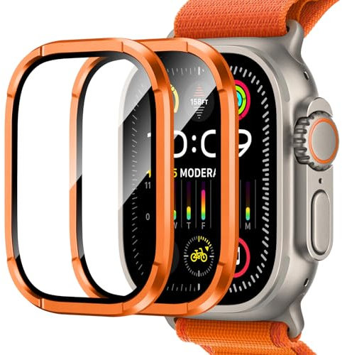 Amizee 2 Piezas Protector de Pantalla para Apple Watch Ultra/Ultra 2 49mm, Anti-Rasguños Protector de Pantalla de Vidrio Templado de Metal para iWatch Ultra 49mm - (C-Naranja)
