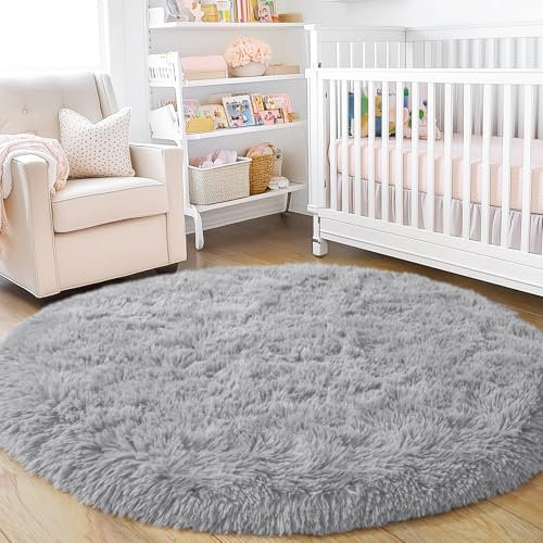 BSGIFT Teppich Grau Rund 120 cm, Shaggy Hochflor Teppich Wohnzimmer Flauschig, Modern Langflor Kuschelteppich Wohnzimmerteppich Bettvorleger High-Pile Carpet rutschfest für Kinderzimmer Schlafzimmer