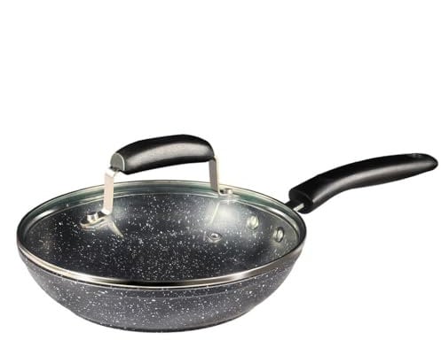 Quality Beddings 32 CM Non Stick Frying Pan with Lid - Black Granite Marble Coated Pan for Gas & Electric Hob (32 CM Granite Pan)