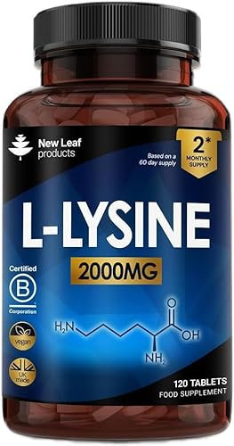 L-Lysine Tablets 2000mg - High Strength Lysine Nutritional Supplements - Essential Amino Acid L Lysine - 120 Vegan Lysine Tablets 2 Month Supply Made in The UK by New Leaf