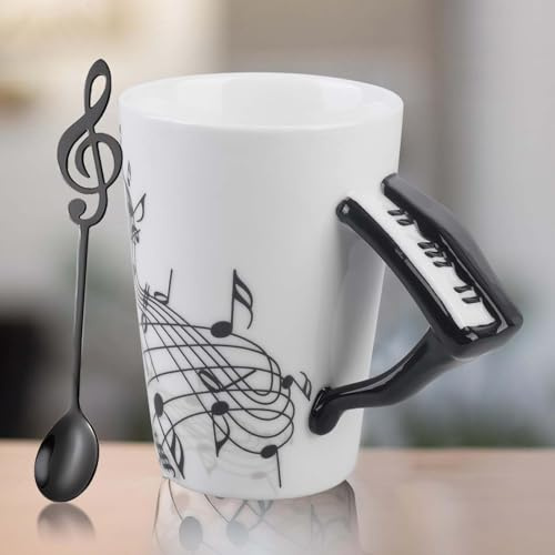 250ML Kaffeetasse Porzellan, Musik Motiv Kaffeebecher mit Edelstahllöffel, Kaffeetasse mit Klavier Henkel, Musiker Tasse, Geschenk Tasse, Keramik Kaffee Becher, Keramik Trinkbecher für Büro, Zuhause