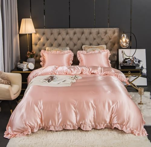 Koudi Satin Bettwäsche 135x200cm Rosa Pink Uni Einfarbig Rüschen Glanzsatin Bettwäsche Set 1 Glatt Luxus Glatt Luxus Bettbezug mit Reißverschluss und 1 Kissenbezug 80x80cm